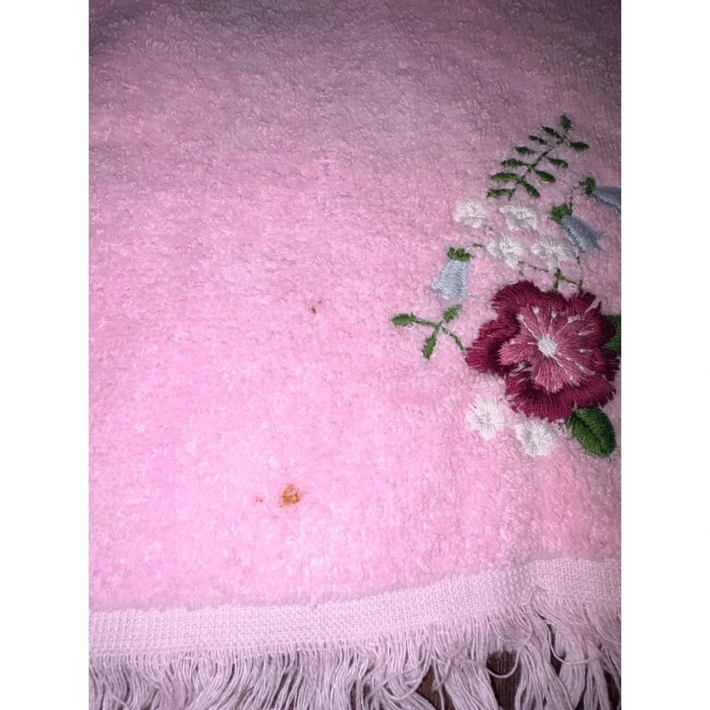 Vintage Pink Hand Towels Set of 2 Floral Embroidery Fringe Cottagecore Stains